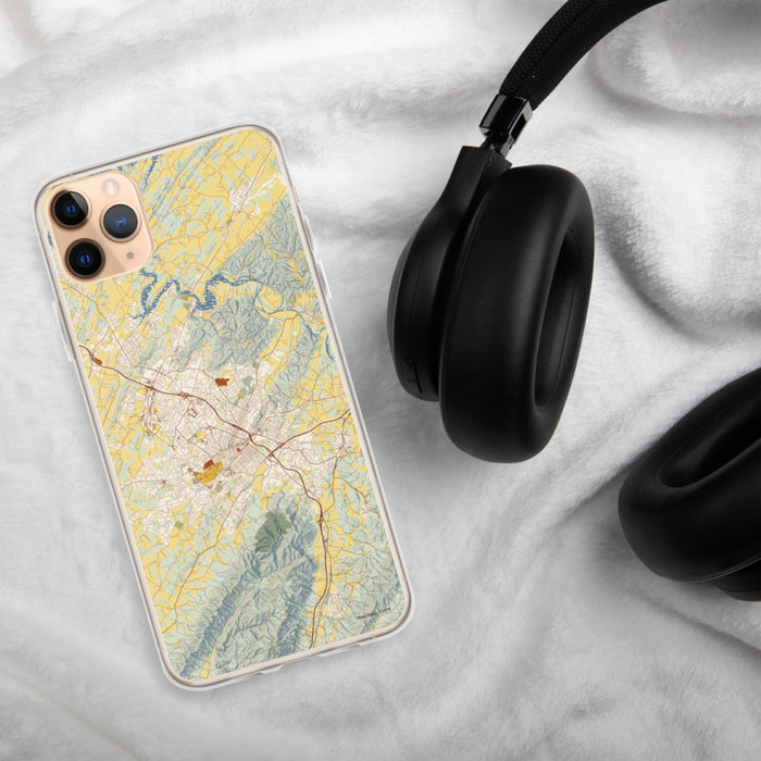 Custom Johnson City Tennessee Map Phone Case in Woodblock on Table with Black Headphones