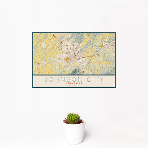 12x18 Johnson City Tennessee Map Print Landscape Orientation in Woodblock Style With Small Cactus Plant in White Planter