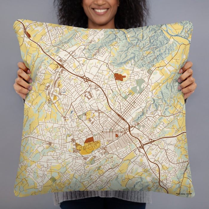 Person holding 22x22 Custom Johnson City Tennessee Map Throw Pillow in Woodblock