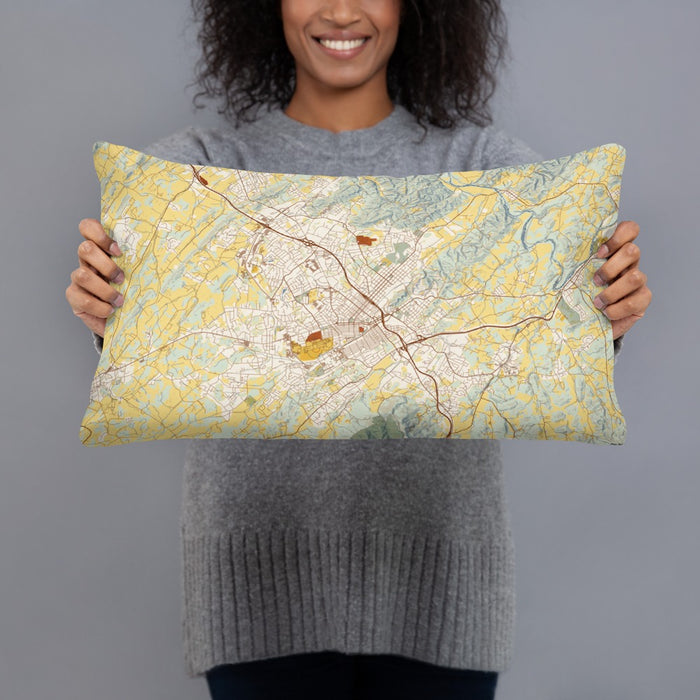 Person holding 20x12 Custom Johnson City Tennessee Map Throw Pillow in Woodblock