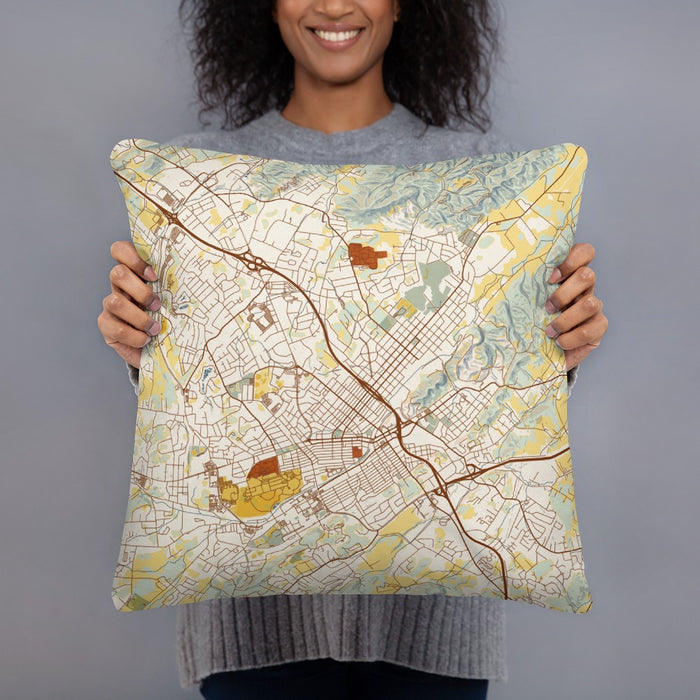 Person holding 18x18 Custom Johnson City Tennessee Map Throw Pillow in Woodblock
