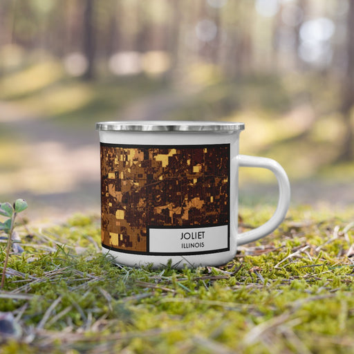 Right View Custom Joliet Illinois Map Enamel Mug in Ember on Grass With Trees in Background