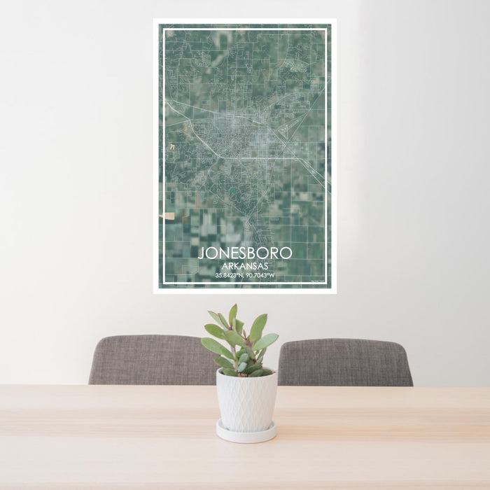 24x36 Jonesboro Arkansas Map Print Portrait Orientation in Afternoon Style Behind 2 Chairs Table and Potted Plant