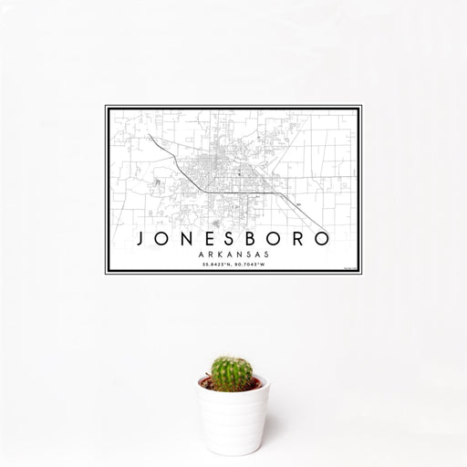 12x18 Jonesboro Arkansas Map Print Landscape Orientation in Classic Style With Small Cactus Plant in White Planter