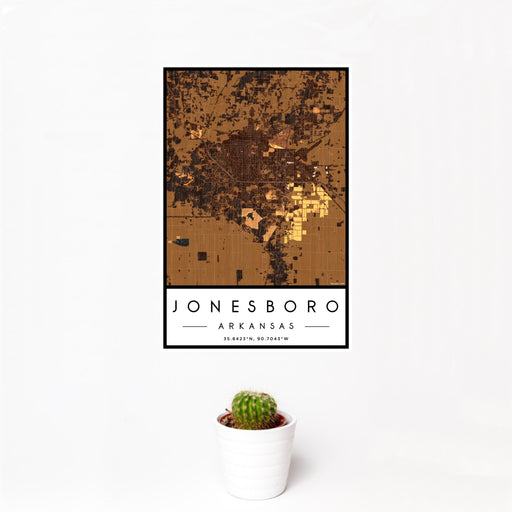 12x18 Jonesboro Arkansas Map Print Portrait Orientation in Ember Style With Small Cactus Plant in White Planter