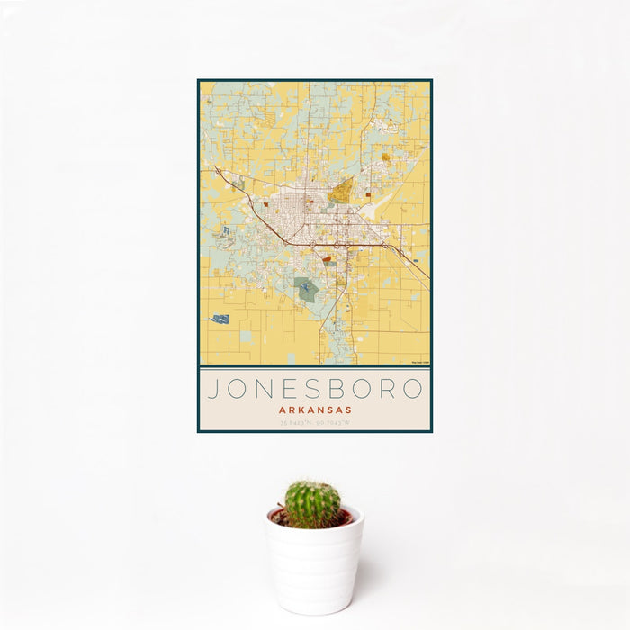 12x18 Jonesboro Arkansas Map Print Portrait Orientation in Woodblock Style With Small Cactus Plant in White Planter