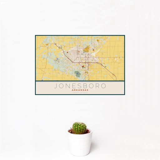 12x18 Jonesboro Arkansas Map Print Landscape Orientation in Woodblock Style With Small Cactus Plant in White Planter