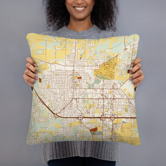 Person holding 18x18 Custom Jonesboro Arkansas Map Throw Pillow in Woodblock