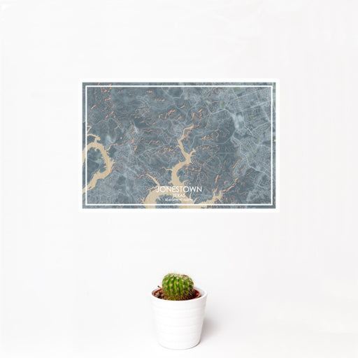 12x18 Jonestown Texas Map Print Landscape Orientation in Afternoon Style With Small Cactus Plant in White Planter