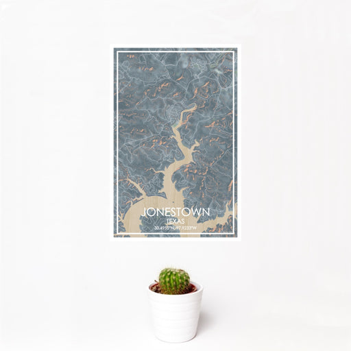 12x18 Jonestown Texas Map Print Portrait Orientation in Afternoon Style With Small Cactus Plant in White Planter
