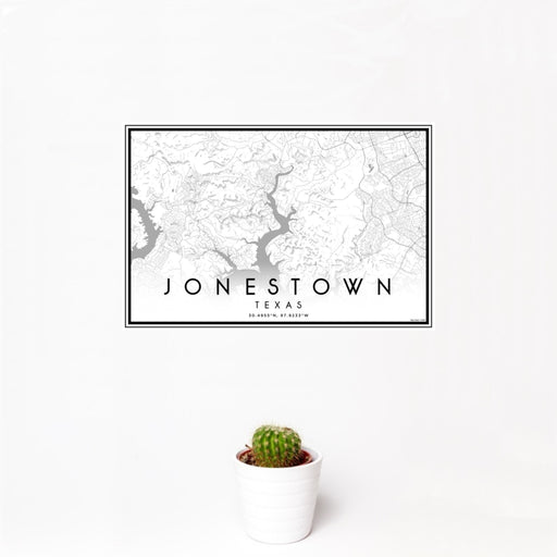 12x18 Jonestown Texas Map Print Landscape Orientation in Classic Style With Small Cactus Plant in White Planter
