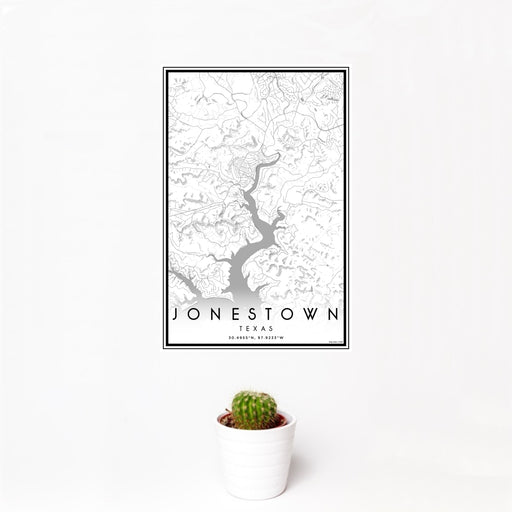 12x18 Jonestown Texas Map Print Portrait Orientation in Classic Style With Small Cactus Plant in White Planter
