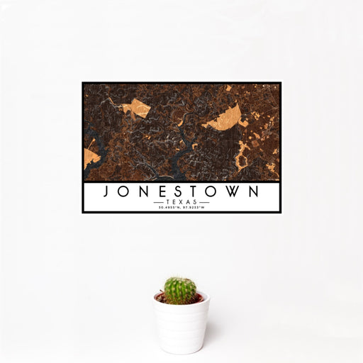 12x18 Jonestown Texas Map Print Landscape Orientation in Ember Style With Small Cactus Plant in White Planter