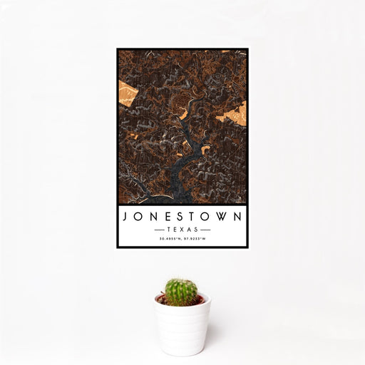 12x18 Jonestown Texas Map Print Portrait Orientation in Ember Style With Small Cactus Plant in White Planter