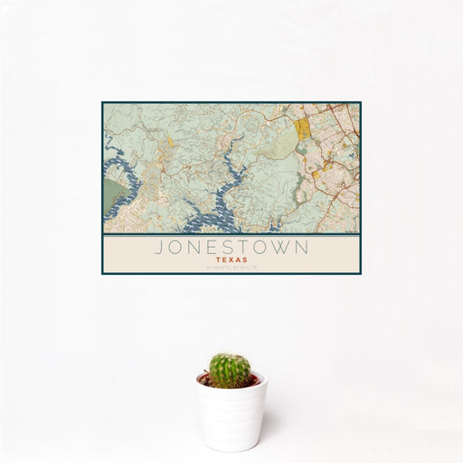 12x18 Jonestown Texas Map Print Landscape Orientation in Woodblock Style With Small Cactus Plant in White Planter