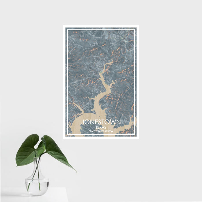 16x24 Jonestown Texas Map Print Portrait Orientation in Afternoon Style With Tropical Plant Leaves in Water