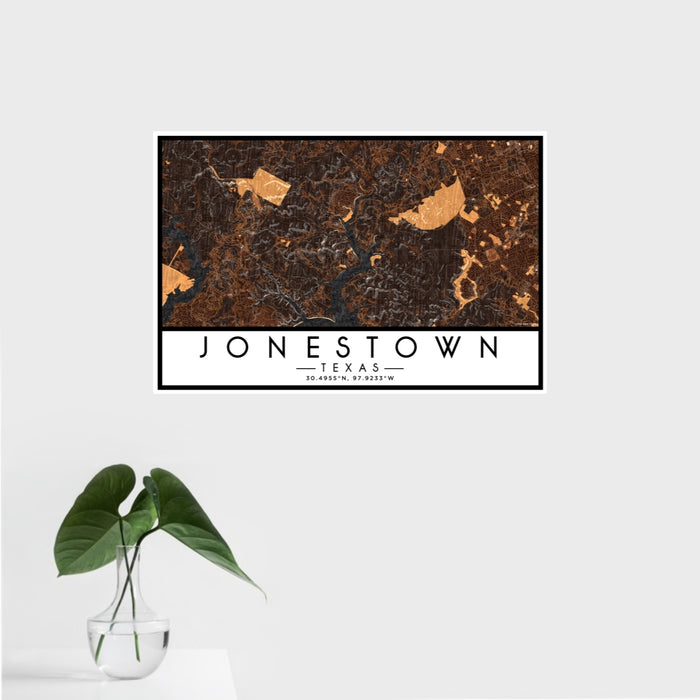 16x24 Jonestown Texas Map Print Landscape Orientation in Ember Style With Tropical Plant Leaves in Water