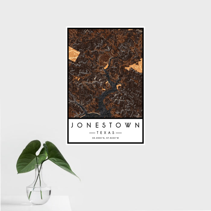16x24 Jonestown Texas Map Print Portrait Orientation in Ember Style With Tropical Plant Leaves in Water