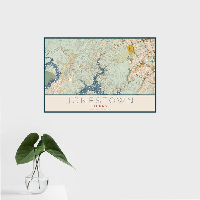 16x24 Jonestown Texas Map Print Landscape Orientation in Woodblock Style With Tropical Plant Leaves in Water