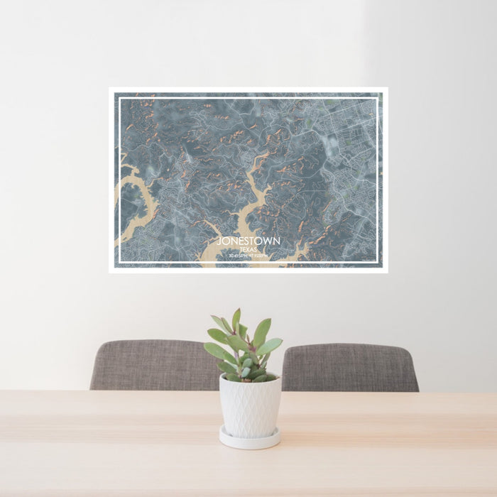 24x36 Jonestown Texas Map Print Lanscape Orientation in Afternoon Style Behind 2 Chairs Table and Potted Plant
