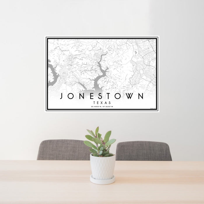 24x36 Jonestown Texas Map Print Lanscape Orientation in Classic Style Behind 2 Chairs Table and Potted Plant