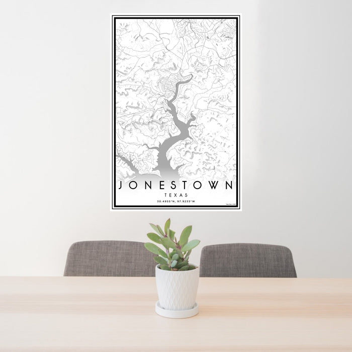24x36 Jonestown Texas Map Print Portrait Orientation in Classic Style Behind 2 Chairs Table and Potted Plant