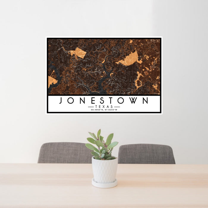 24x36 Jonestown Texas Map Print Lanscape Orientation in Ember Style Behind 2 Chairs Table and Potted Plant