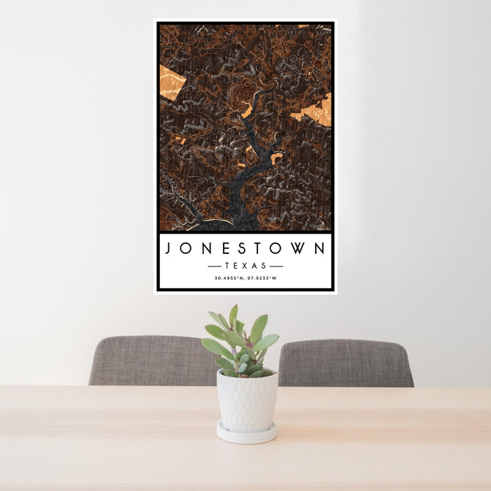 24x36 Jonestown Texas Map Print Portrait Orientation in Ember Style Behind 2 Chairs Table and Potted Plant