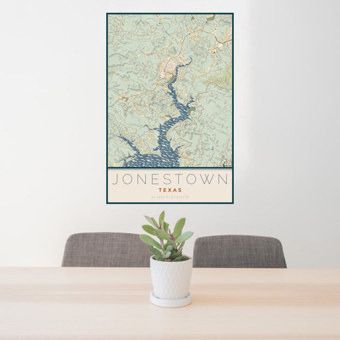 24x36 Jonestown Texas Map Print Portrait Orientation in Woodblock Style Behind 2 Chairs Table and Potted Plant