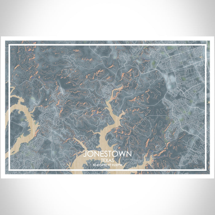 Jonestown Texas Map Print Landscape Orientation in Afternoon Style With Shaded Background