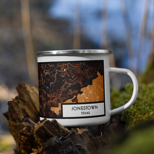 Right View Custom Jonestown Texas Map Enamel Mug in Ember on Grass With Trees in Background