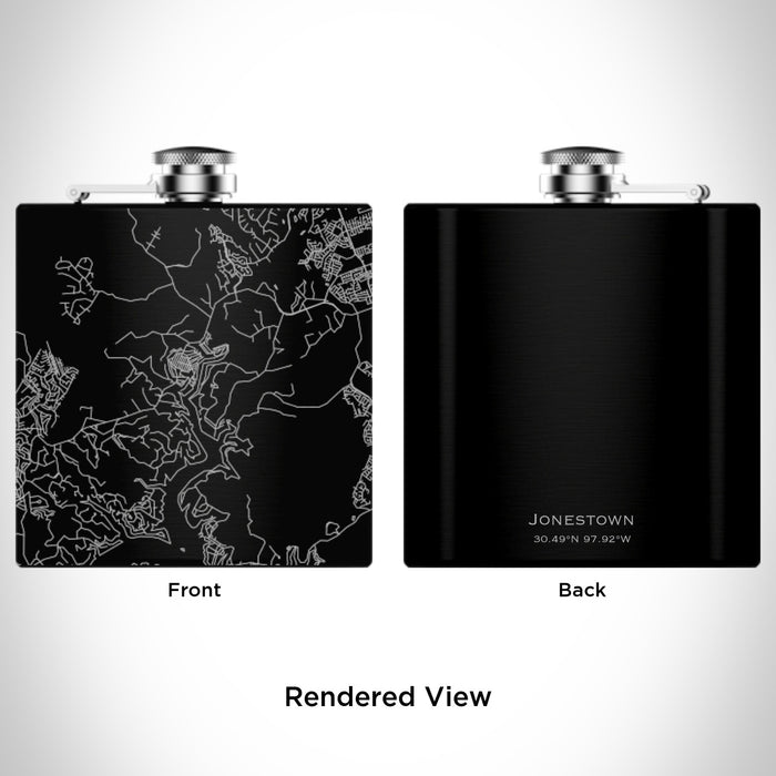 Rendered View of Jonestown Texas Map Engraving on 6oz Stainless Steel Flask in Black