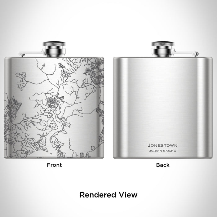 Rendered View of Jonestown Texas Map Engraving on 6oz Stainless Steel Flask
