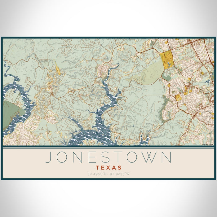 Jonestown Texas Map Print Landscape Orientation in Woodblock Style With Shaded Background