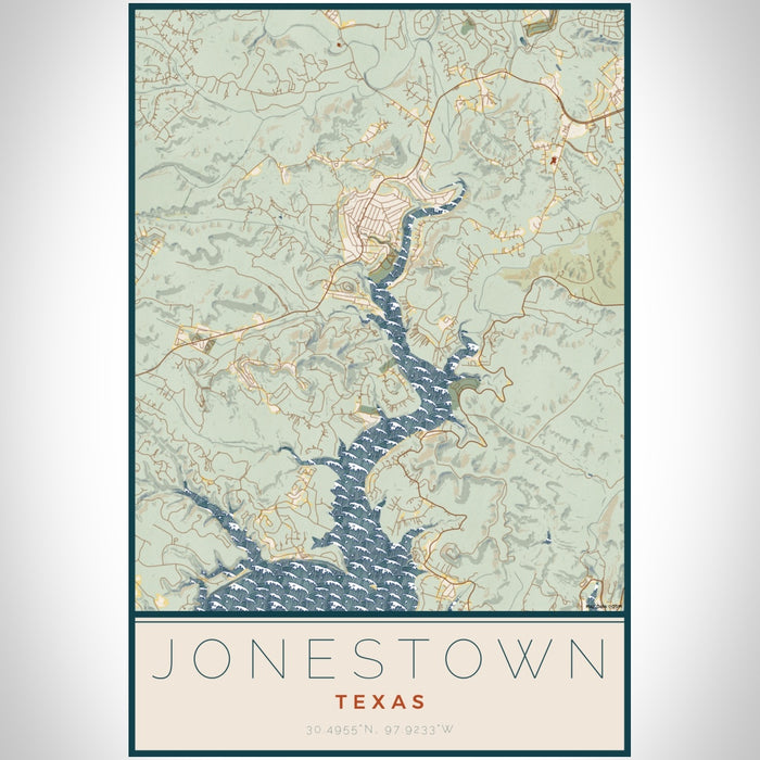 Jonestown Texas Map Print Portrait Orientation in Woodblock Style With Shaded Background
