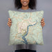 Person holding 18x18 Custom Jonestown Texas Map Throw Pillow in Woodblock