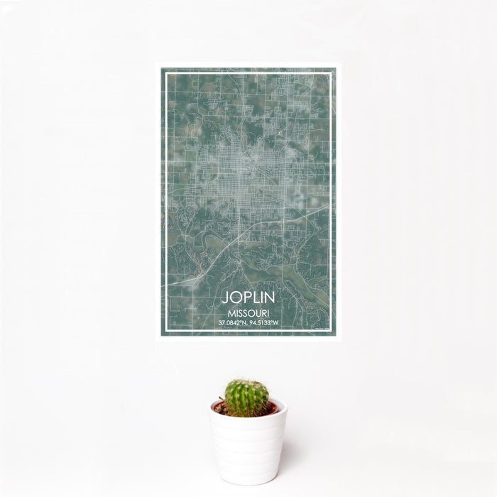 12x18 Joplin Missouri Map Print Portrait Orientation in Afternoon Style With Small Cactus Plant in White Planter