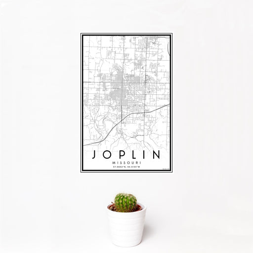 12x18 Joplin Missouri Map Print Portrait Orientation in Classic Style With Small Cactus Plant in White Planter