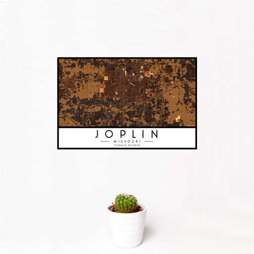 12x18 Joplin Missouri Map Print Landscape Orientation in Ember Style With Small Cactus Plant in White Planter