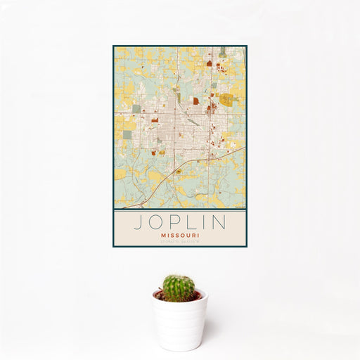 12x18 Joplin Missouri Map Print Portrait Orientation in Woodblock Style With Small Cactus Plant in White Planter