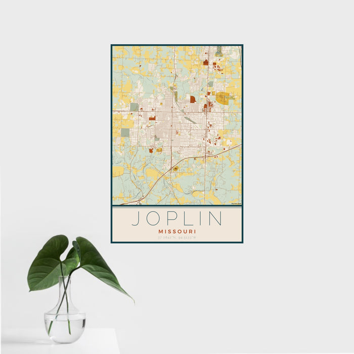 16x24 Joplin Missouri Map Print Portrait Orientation in Woodblock Style With Tropical Plant Leaves in Water