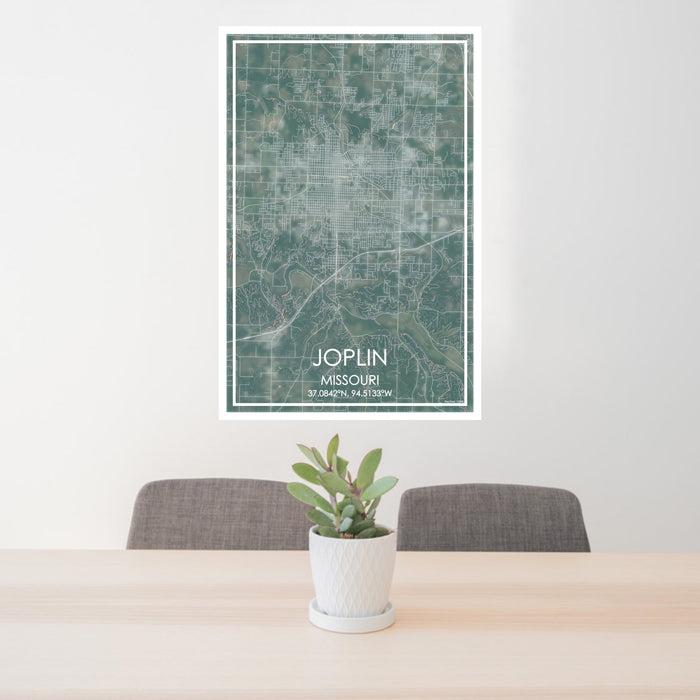 24x36 Joplin Missouri Map Print Portrait Orientation in Afternoon Style Behind 2 Chairs Table and Potted Plant