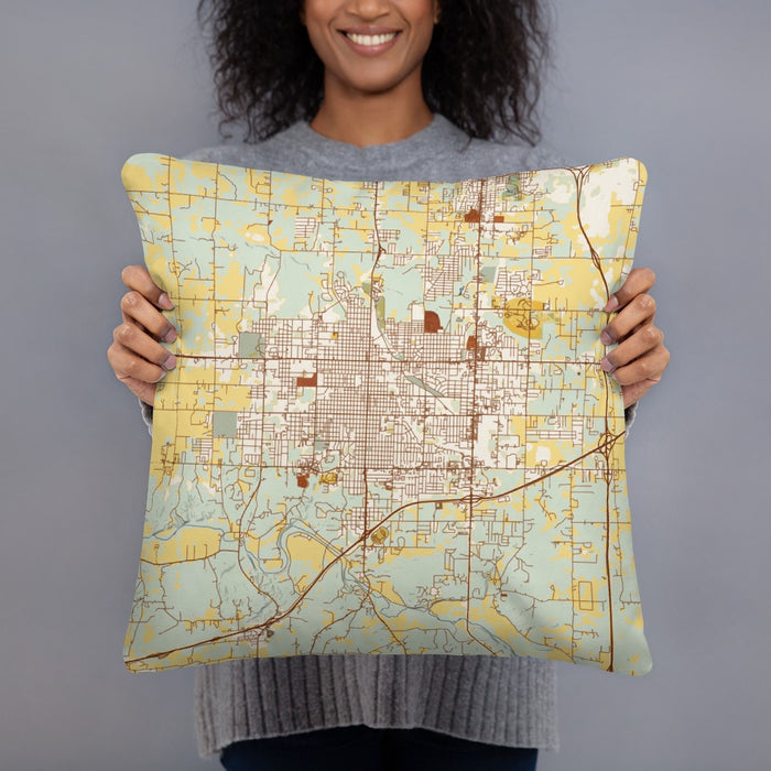 Person holding 18x18 Custom Joplin Missouri Map Throw Pillow in Woodblock