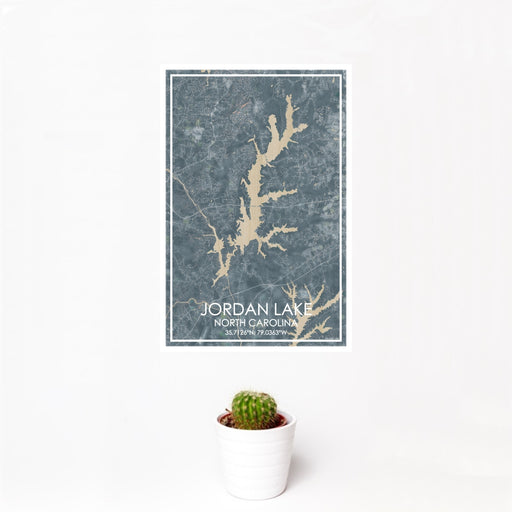 12x18 Jordan Lake North Carolina Map Print Portrait Orientation in Afternoon Style With Small Cactus Plant in White Planter