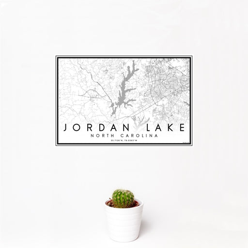 12x18 Jordan Lake North Carolina Map Print Landscape Orientation in Classic Style With Small Cactus Plant in White Planter