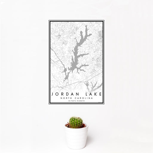 12x18 Jordan Lake North Carolina Map Print Portrait Orientation in Classic Style With Small Cactus Plant in White Planter