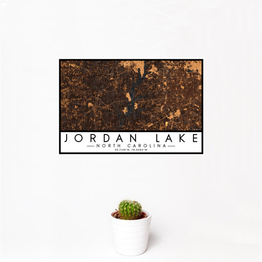 12x18 Jordan Lake North Carolina Map Print Landscape Orientation in Ember Style With Small Cactus Plant in White Planter