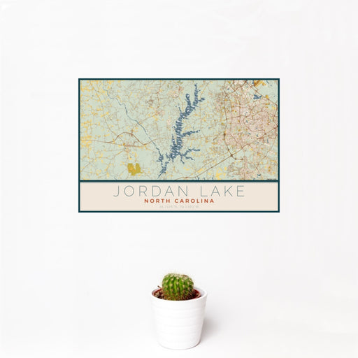 12x18 Jordan Lake North Carolina Map Print Landscape Orientation in Woodblock Style With Small Cactus Plant in White Planter