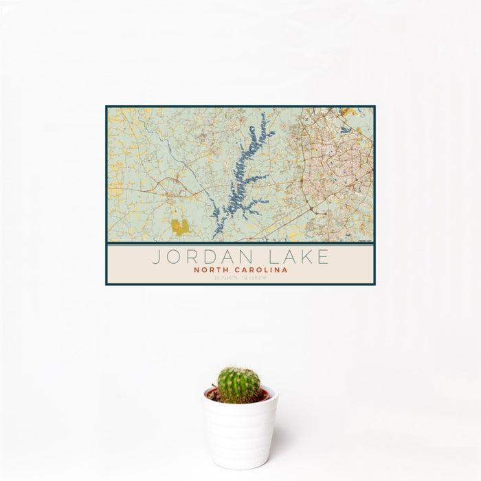 12x18 Jordan Lake North Carolina Map Print Landscape Orientation in Woodblock Style With Small Cactus Plant in White Planter