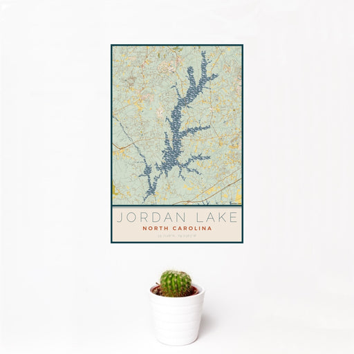 12x18 Jordan Lake North Carolina Map Print Portrait Orientation in Woodblock Style With Small Cactus Plant in White Planter